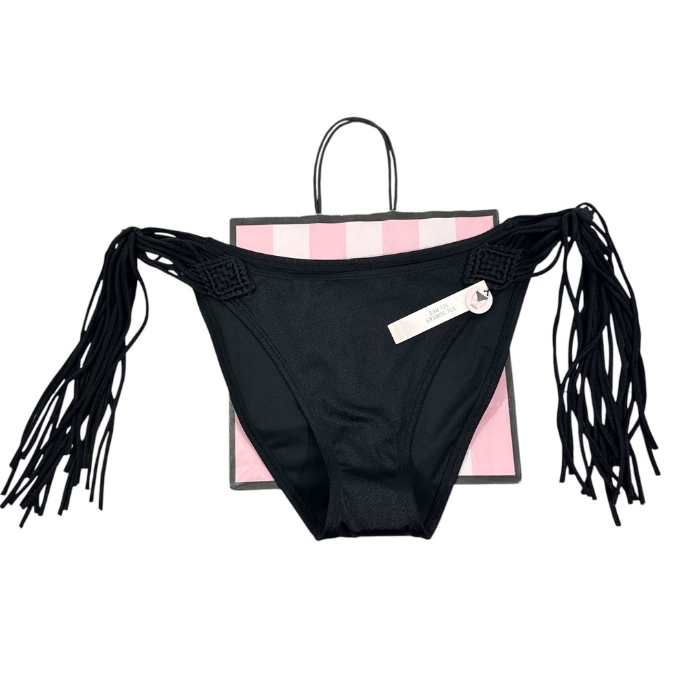 NWT Victoria's Secret Archives Black Macrame Fringe Cheeky Bikini Bottom XL